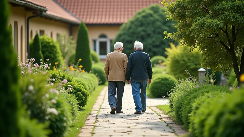 Seniorzy spacerujący po ogrodach klasztornych