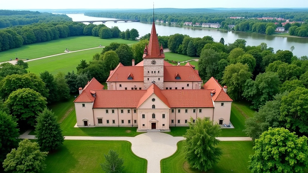 Stary klasztor benedyktynów w Tyńcu z widokiem na Wisłę i zielone ogrody wokół