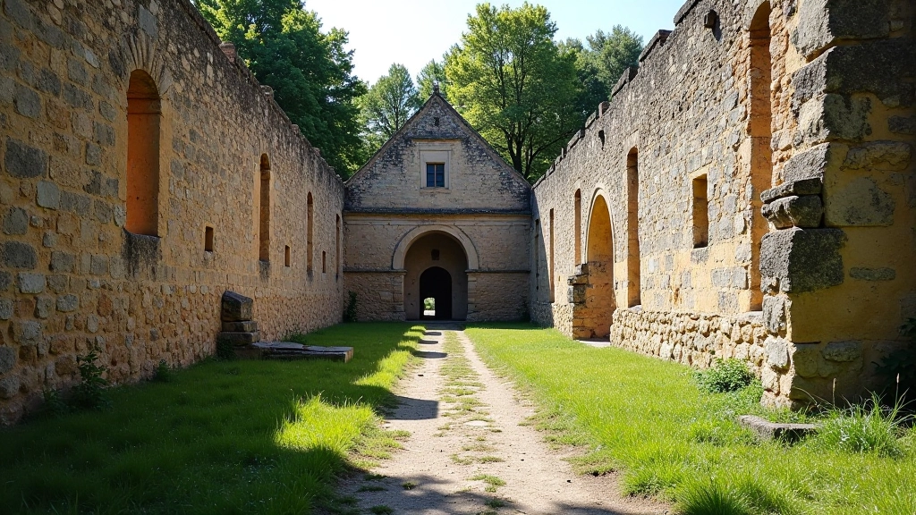 Stare ruiny architektoniczne, odbudowywane mury klasztoru, ślady czasu na kamiennych strukturach