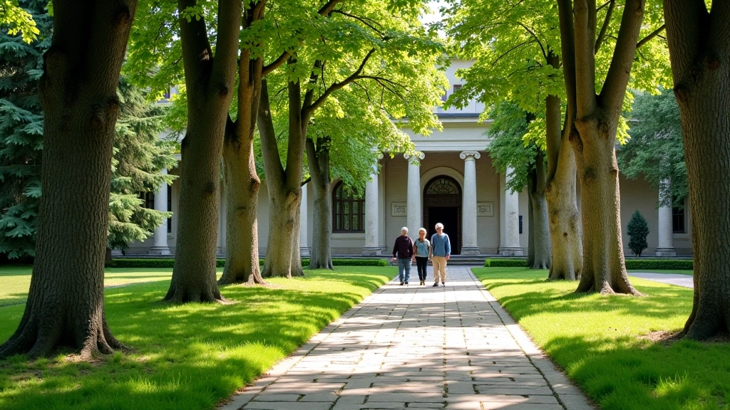 Widok na ogrody klasztorne w Tyńcu z kamiennymi krużgankami i zielonymi roślinami